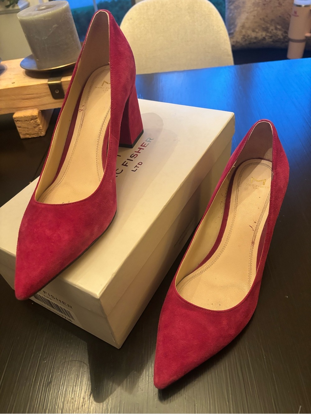 Marc Fisher Fuchsia Suede Pointed Block Heel Pumps